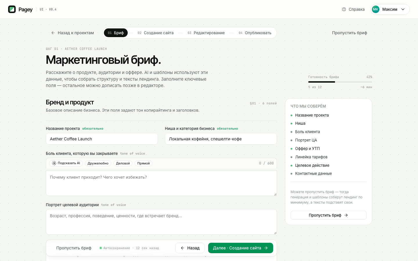 Маркетинговый бриф в Pagey